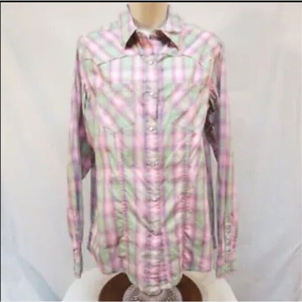 Cruel Arena Fit Western Pink Mint Plaid Distressed Pearl Snap‎ Shirt NWT Size L
